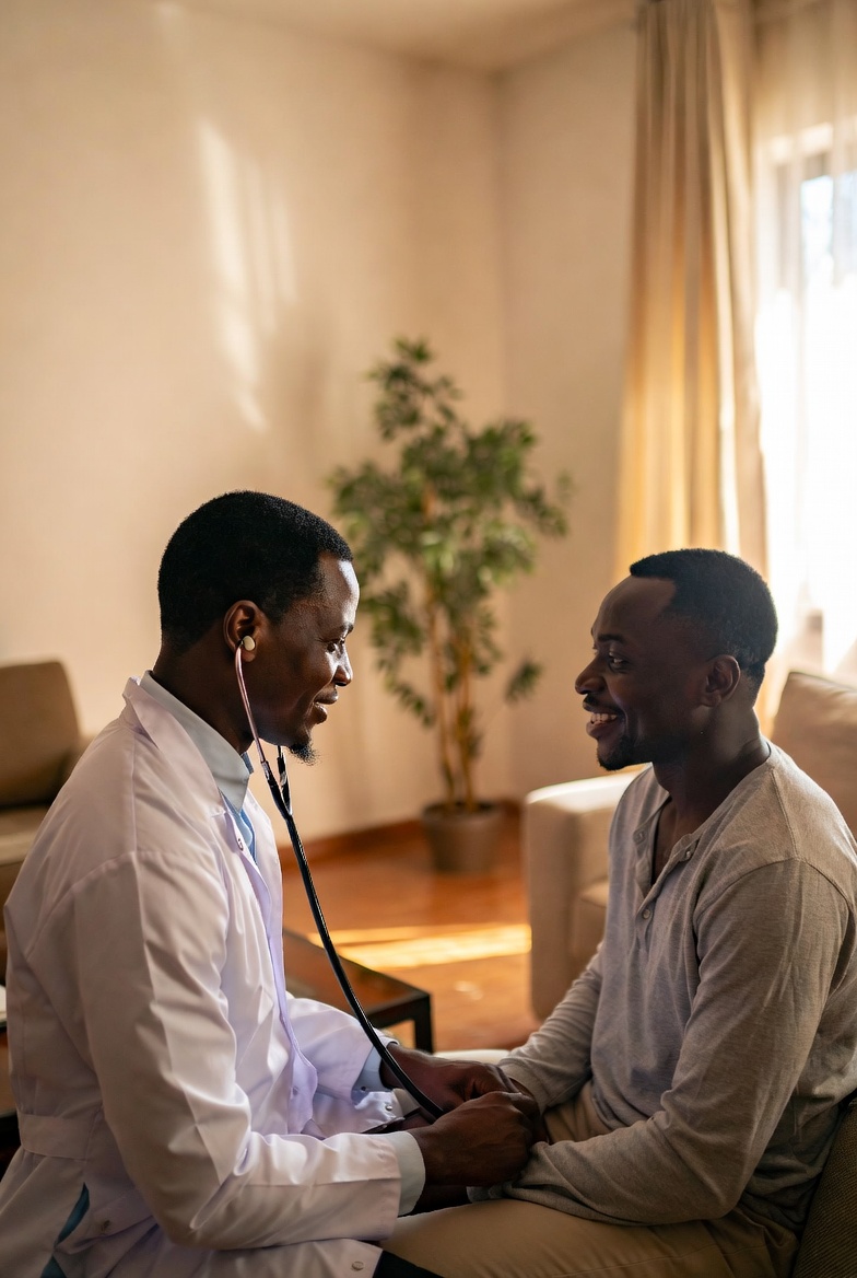 A Doc2Go doctor consulting with a patient during a home visit in Abuja